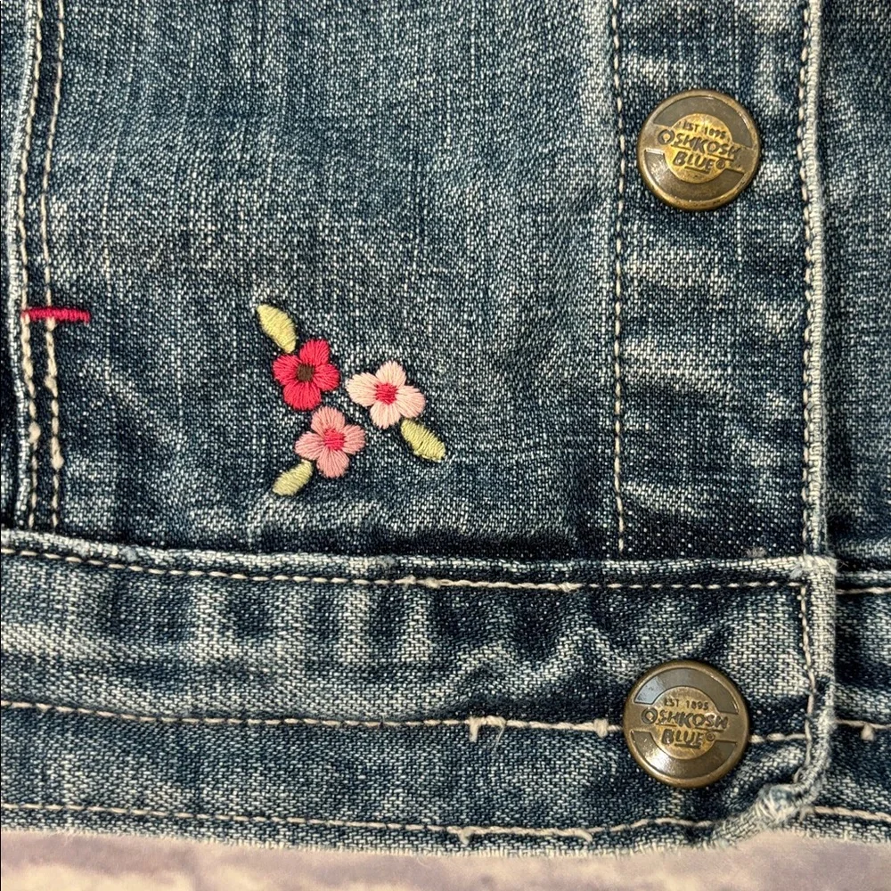 Oshkosh Girls Denim Jean Jacket Pink Floral Embroidery Button Front Girls Size 5